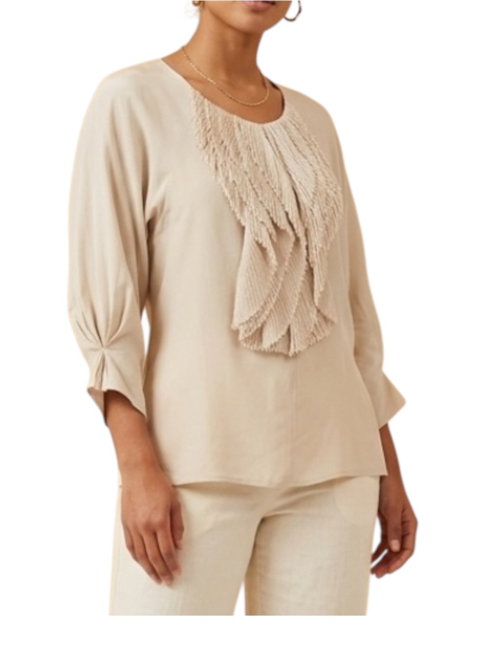 Ali Ro 100% Silk Ruffle Bib Tuxedo Blouse Top Beige Cream 3/4 Sleeve - Size 4